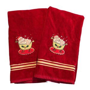 Set 2 Ritz Hand Bathroom Towels 100% Cotton Soft Embroidered Santa In Bathtub